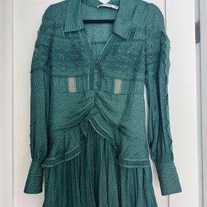 Self-Portrait Green Lace-Trim Ruched Mini Dress - Size US 6 (UK 10)